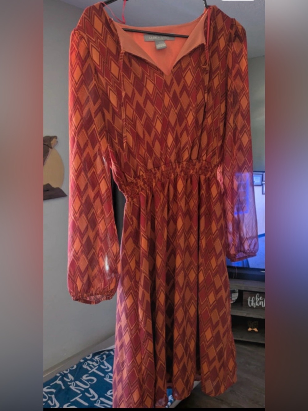 Lark & Grey Orange and Coral Geometric Long-Sleeve Midi Dress
